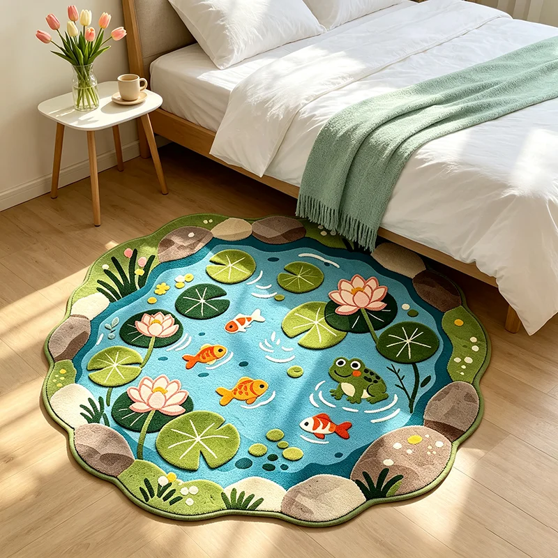 Lotus Pond Frog & Koi Fish Irregular Rug Creative Cartoon Bedroom Bedside Floor Mat Soft Plush Washable Carpet Home Decoration