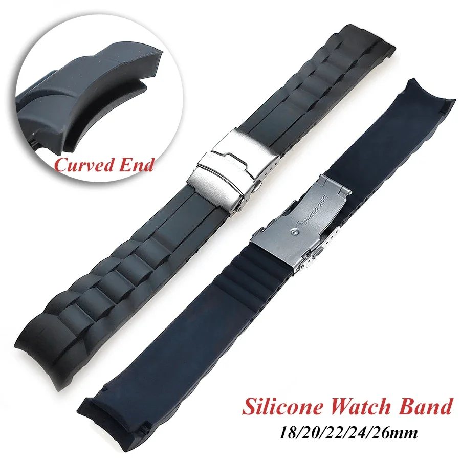 Pulseira de relógio de silicone macio, 18mm 20mm 22mm 24mm 26mm, extremidade curvada, borracha macia, pulseira preta à prova d'água