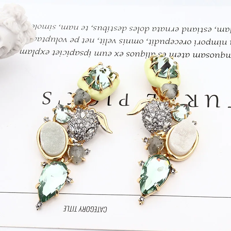 Personality AB Mark Semi-precious Gemstones Fine Earrings for Women Luxury Gold Metal Green Quartz Cameo Chunky Ear Drop Dangle