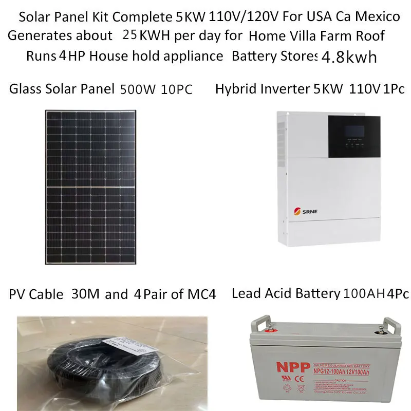 Solar System For Home Complete Kit 5000W 220V 110V Solar Panel 500 Watt On Off Grid System  Hybrid Inverter Home  Car Camping