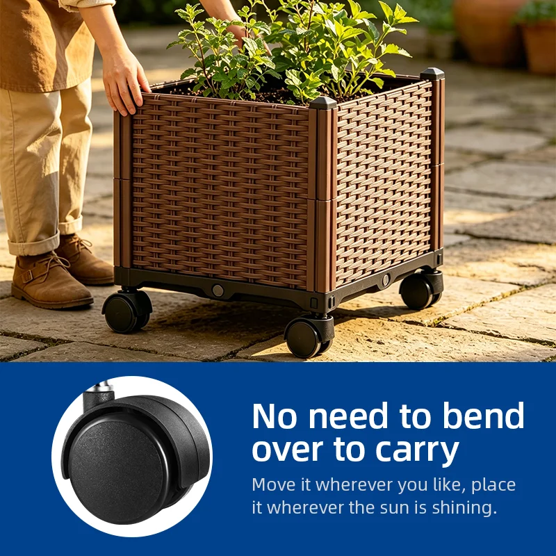 Modern Style PP Plastic Easy Install Planter Box with Wheels Indoor Outdoor Wheels Planting Box Customized Size