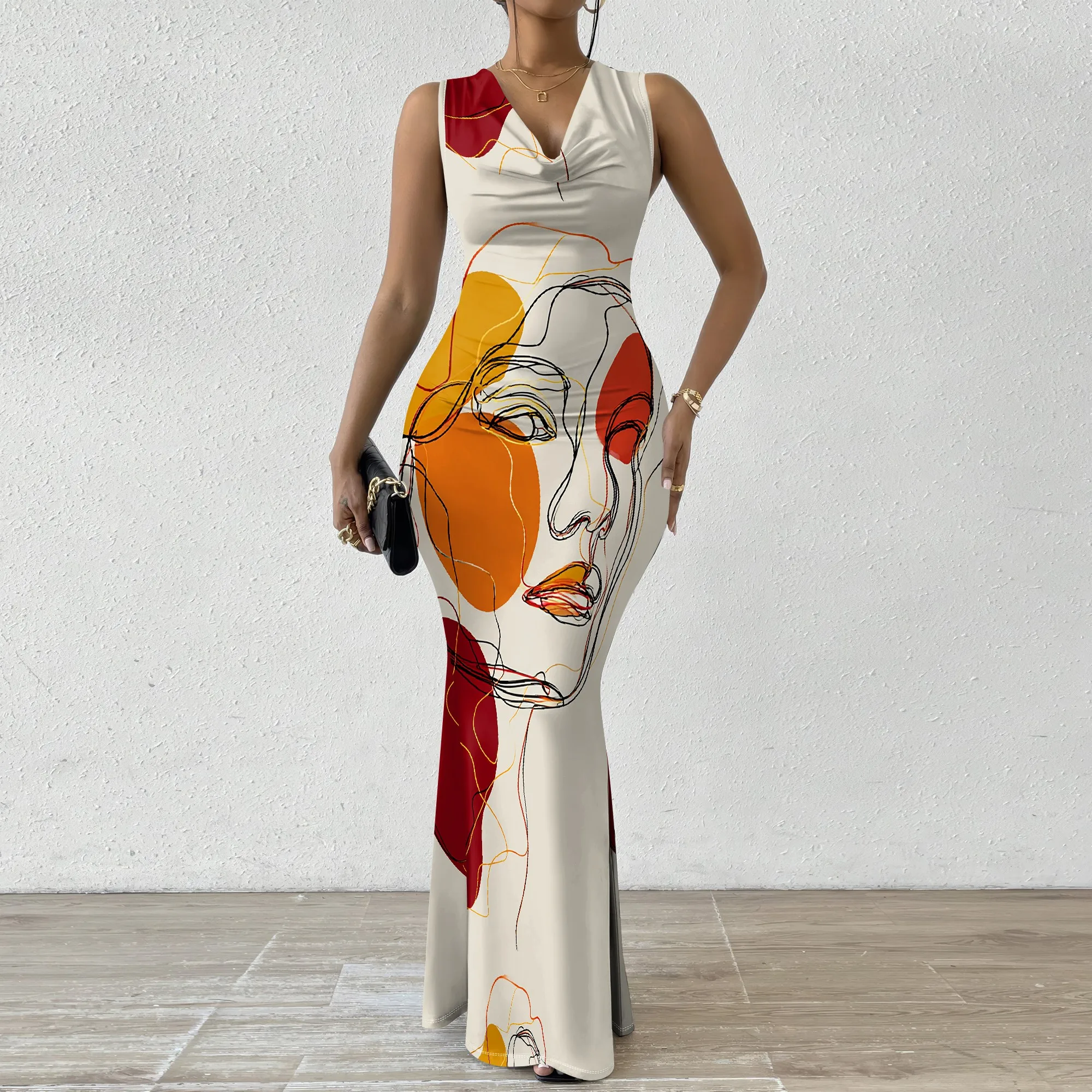 

Elegant Women's Sleeveless Bodycon Maxi Dress Cowl Neck Artistic Face Print Long Evening Gown