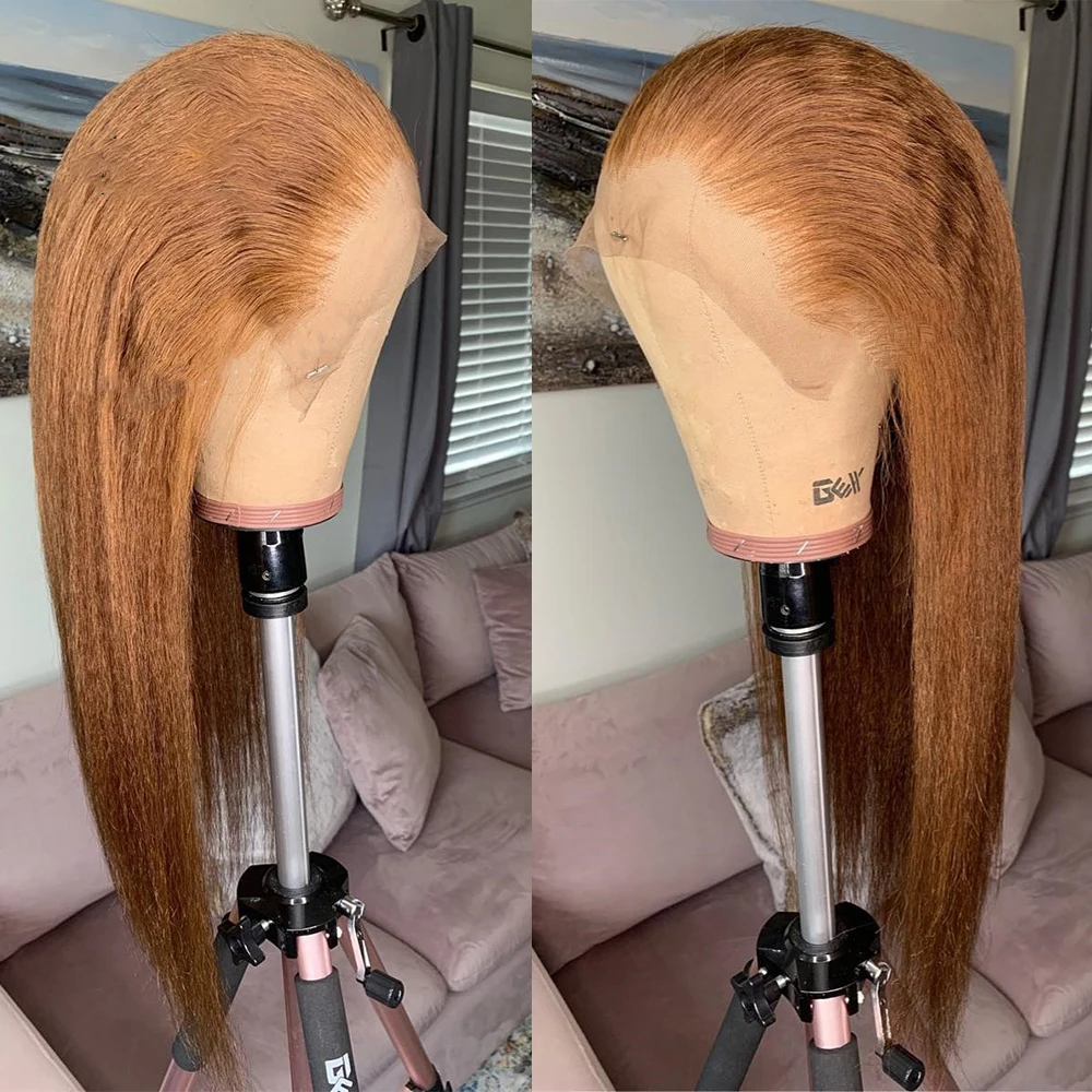 Yaki Lembut Preplucked Lembut 26 "Panjang Pirang Keriting Lurus 180 Kepadatan Wig Renda Depan Sintetis untuk Wanita Tahan Panas Tanpa Lem