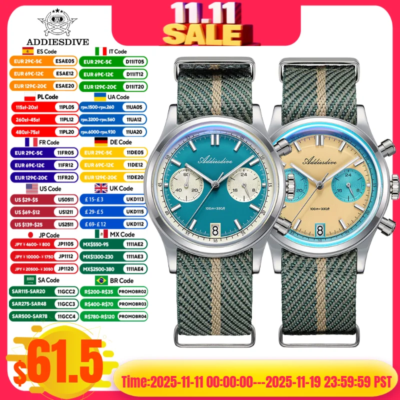 

ADDIESDIVE AD2095 Man‘s Chronograph Watch BGW9 Super Luminous 10Bar Waterproof Bubble Mirror Glass VK64 Quartz Steel Wristwatch