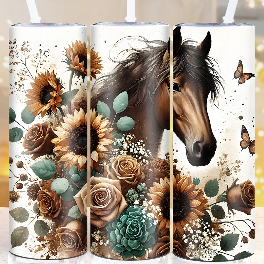 

3D Print Horse & Sunflower Art Party Tumbler Straw Lid 1pc 20oz Stainless Hot Cold Straight Party Water Bottle Christmas Gift