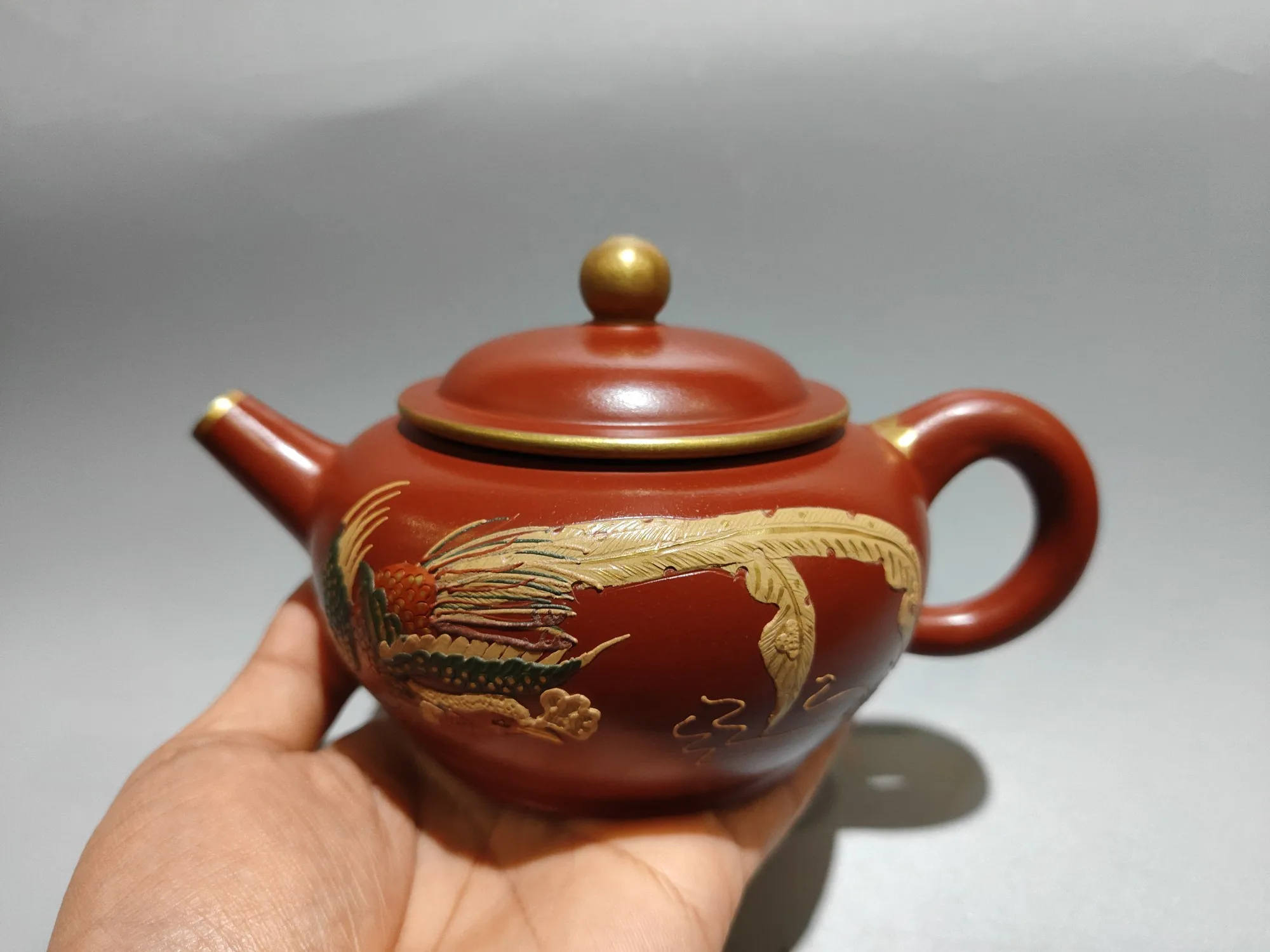 Yixing Purple Clay Pot Outline in gold Painted Phoenix pattern Horizontal teapot Kettle Teapot Flagon Gather fortune
