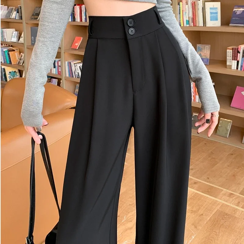 2025 جديد الربيع الصيف زر فضفاض المرأة واسعة الساق كامل طول السراويل عالية الخصر الصلبة الإناث أنيقة مستقيم بناطيل كاجوال