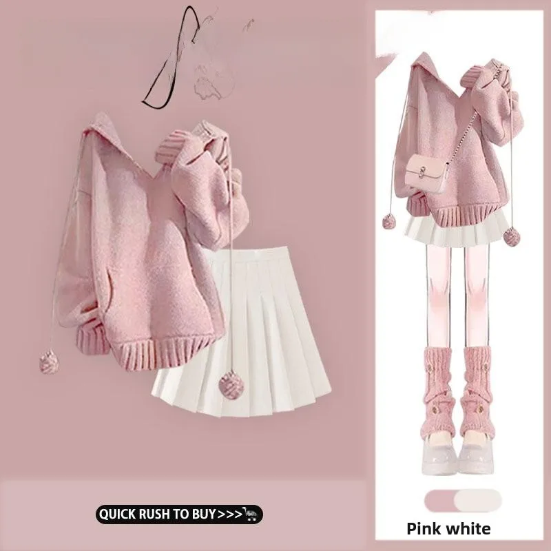 

Женский комплект: вязаная кофта с капюшоном и юбка А-силуэта с высокой талией, свободный крой, осенне-зимний модный ансамбль, повседневный шик