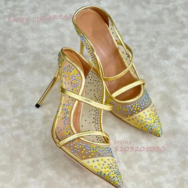 Romantic Golden Crystal Diamond Mesh Slingback Heels Woman Purple Pointed Stiletto Sandals Sexy Red Hollow Diamond Elegant Shoes