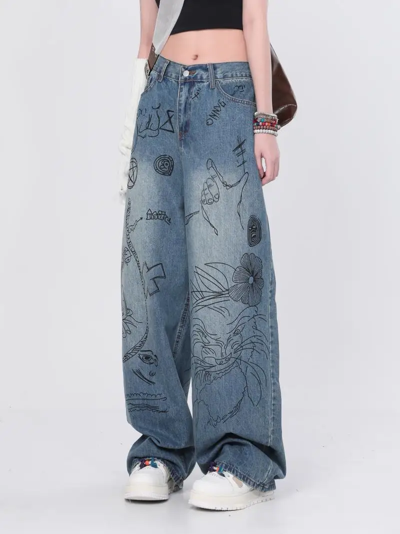 

crowd design sense Graffiti hand-painted jeans for women with high waists, wide legs, straight sleeves, loose pants trend