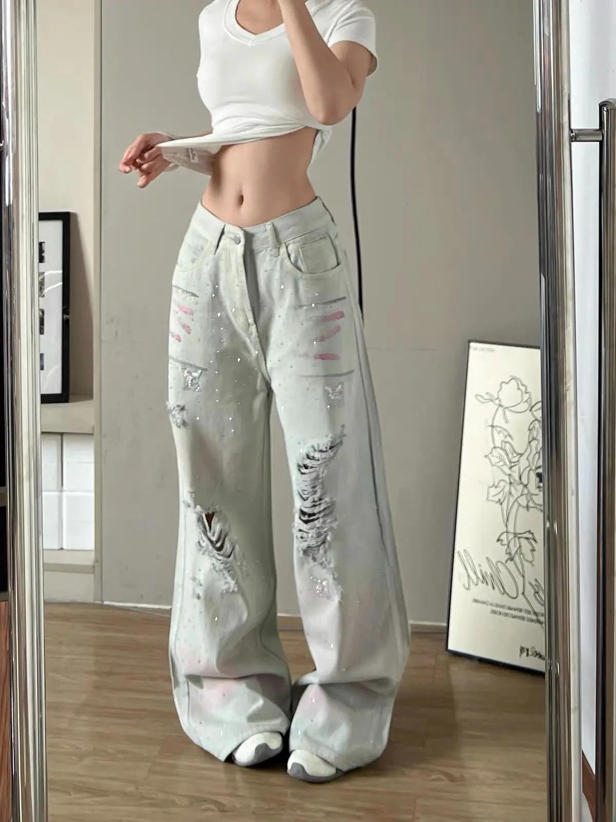 Rhinestone Spray Paint Distressed Washed High Waist Straight Wide Leg Jeans Women Summer Loose Casual Streetwear Pants