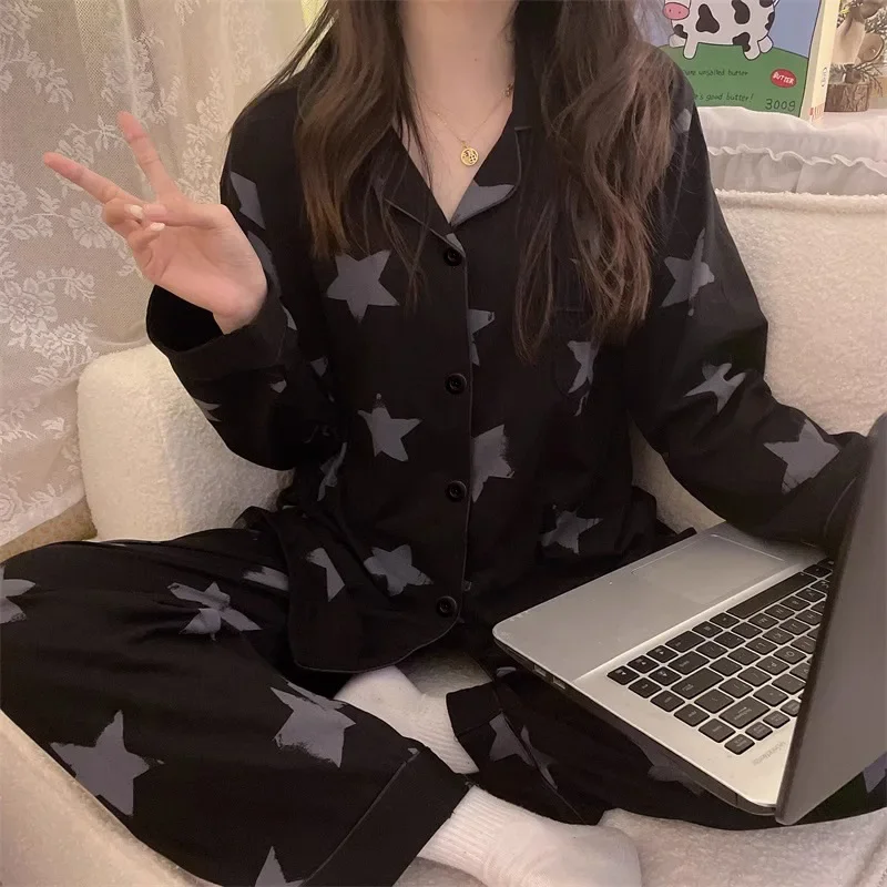 2024 Spring Autumn Women Pajama Sets Korean Thin Sleepwear Long-sleeved Trousers New Fashion Pijamas Star Print Homewear Clothes