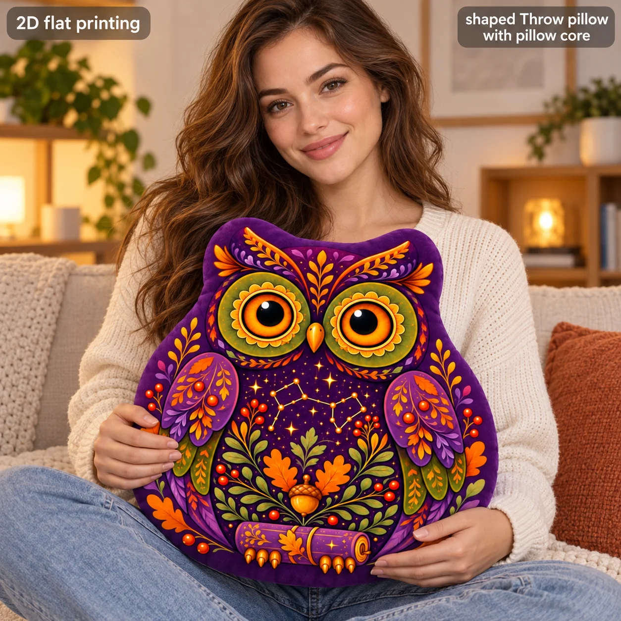 Autumn Owl Shaped Throw Pillow with Pillow Core Polyester Two Sided Print Decorative Cushion Sofa Bedroom Gift