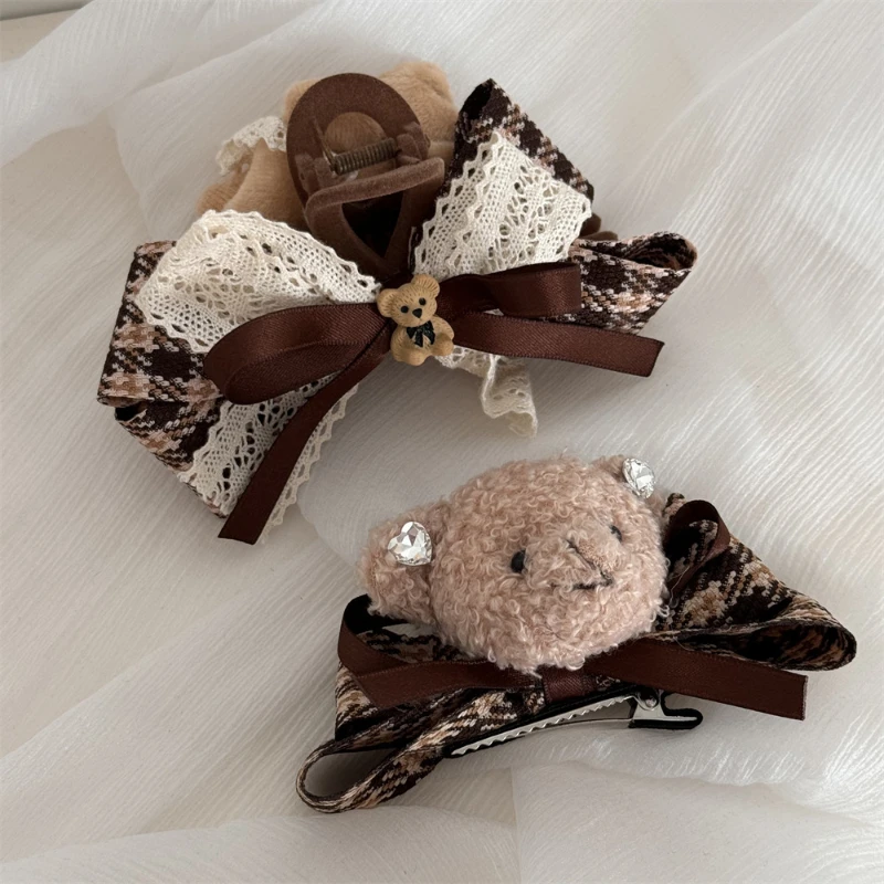Cute Cartoon Bear Hair Claw Clip Sweet Girls Checkered Bowknot Fabric Art Hairpins Elegant Gifts For women