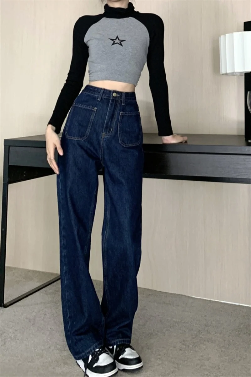 Dark High Waist Straight Jeans For Women's Pants Autumn New Loose And Versatile Wide Leg Pants Floor Length Denim Pants