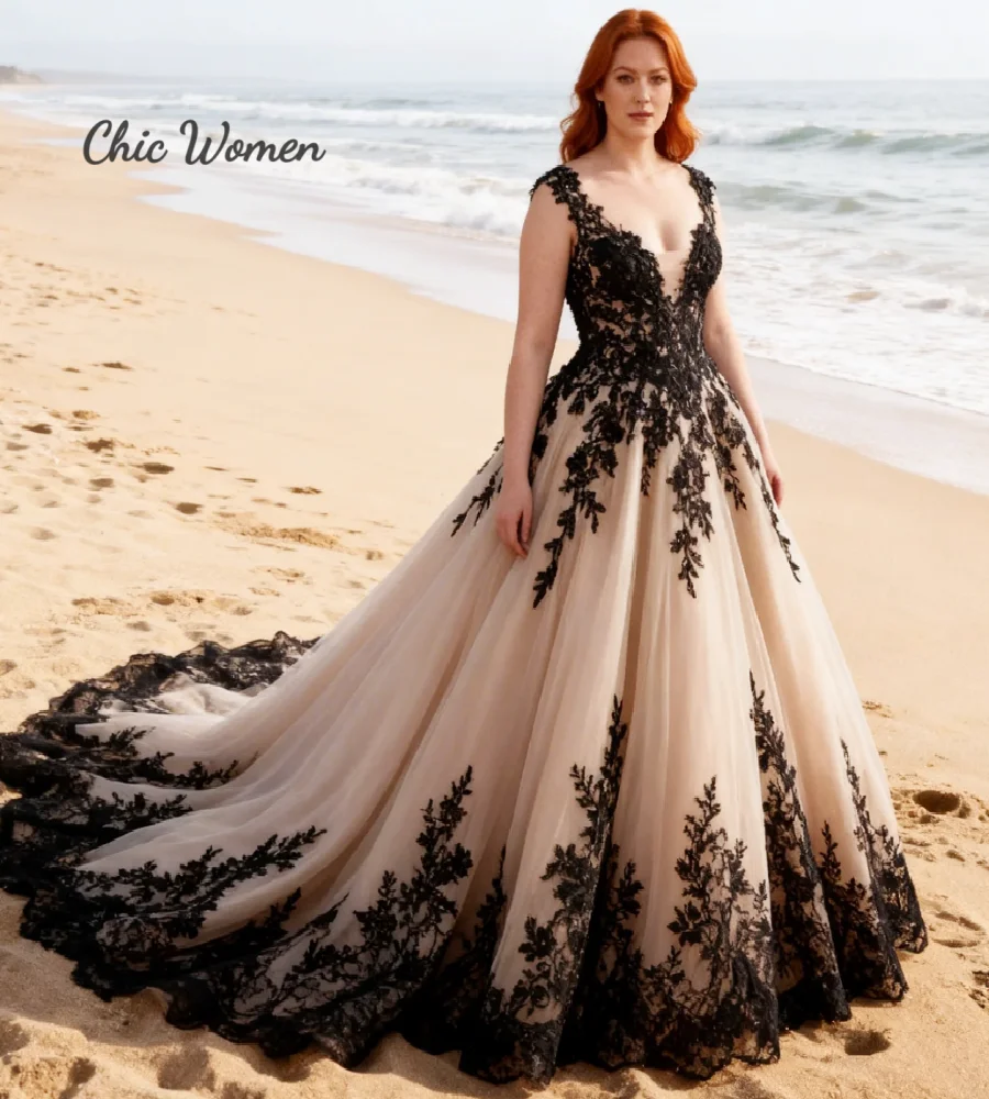 Plus Size Champagne With Black Wedding Dresses Deep V Back A Line Tulle Beach Bridal Gowns Court Train Bohemian Boda Destination