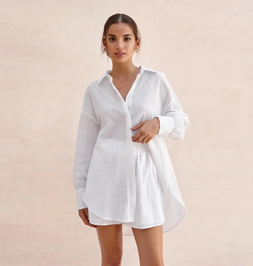 Conjunto informal de algodón de dos piezas para mujer, Blusa de manga larga con cuello vuelto, pantalones cortos de cintura elástica, traje de calle, conjuntos sueltos de 2 piezas