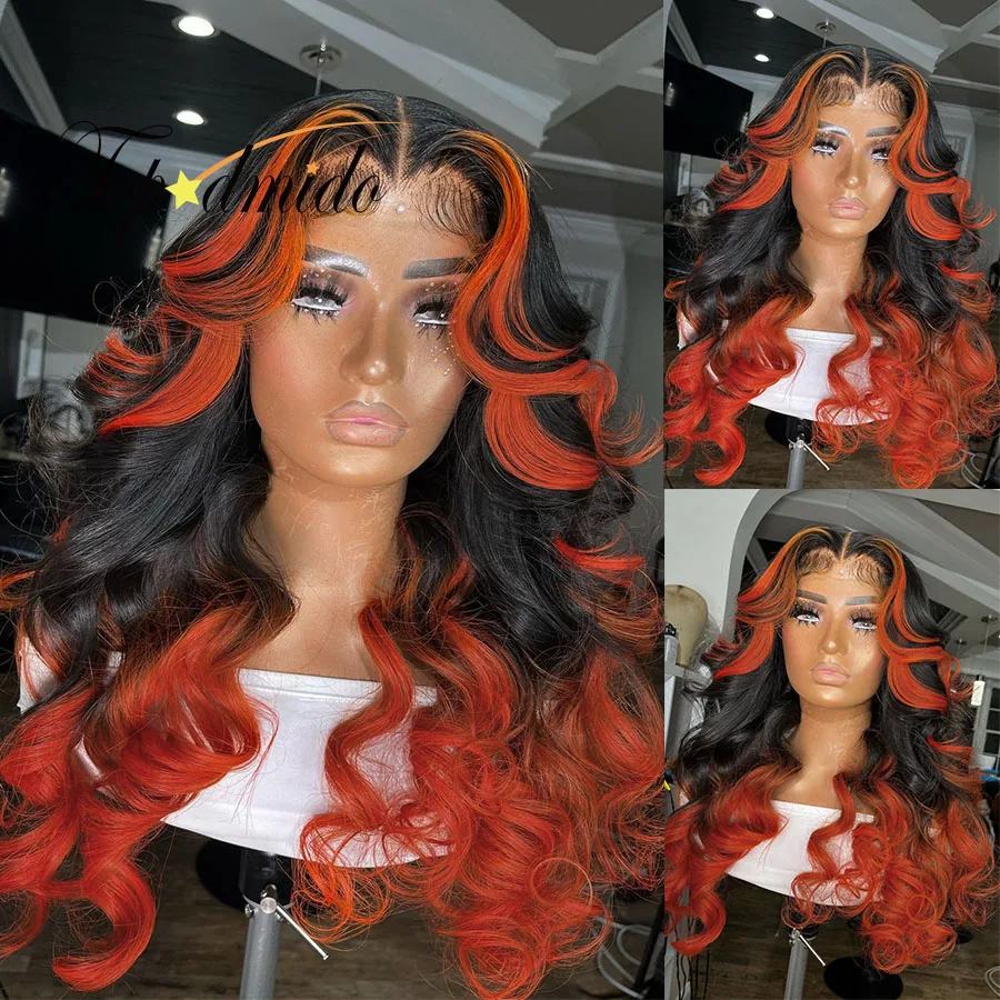 Topodmido Highlight Orange Red Color Brazilian Hair Wigs with Baby Hair 13x4 Human Remy Hair Wig Transparent Lace Closure Wigs