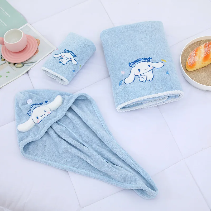 

3Pcs Kawaii Sanrio Anime Towel Bath Towel and Dry Hair Cap Cute My Melody Kuromi Cinnamoroll Cartoon Water Uptake Gift for Girl