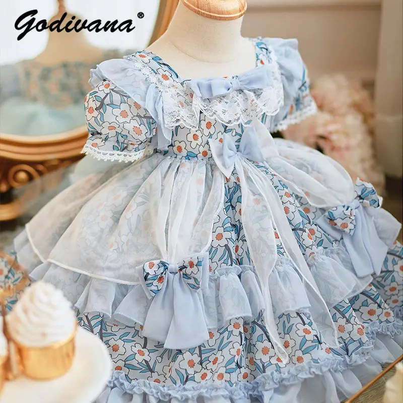 Sweet Baby Girls Lolita Princess Dress Kids High End Luxury Floral Puff Sleeve Bow Tulle Ruffle Trim Birthday Party Ball Gown
