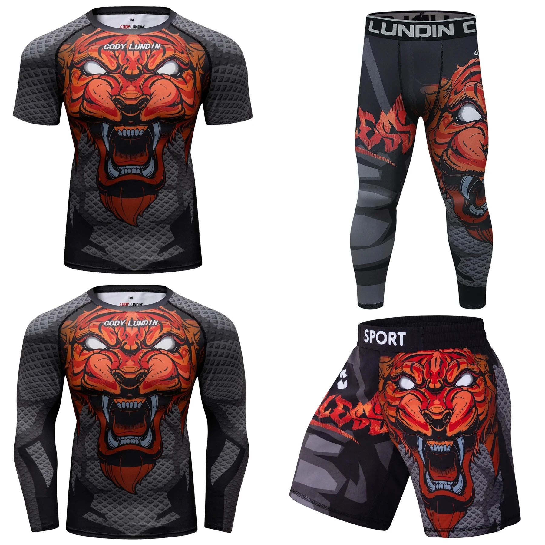 Cody Lundin Rashguard Bjj Men's Short Sleeve Tiger Graphic T-shirts + MMA Pants Askari Fight Wear Ree Tracksuits Nogi Shorts Set