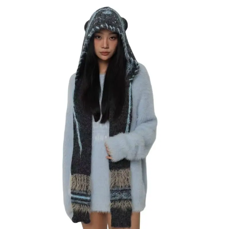 652F Knit Soft Hooded Hat Warm Headwear for Women Winter Cycling Climbing Skiing