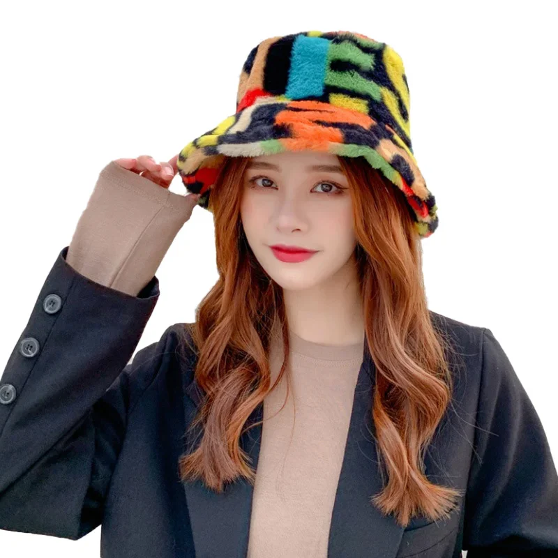 New Winter Bucket-Hats Fluffy Fur Men Women Panama Hat Fashion Warm Fisherman Cap Letter Rainbow Houndstooth Leopard Printed