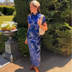 Navy Blue Flower Jacquard Cheongsam Long Vestidos Women Sexy Split Qipao Chinese Traditional Dresses Casual Streetwear Dress