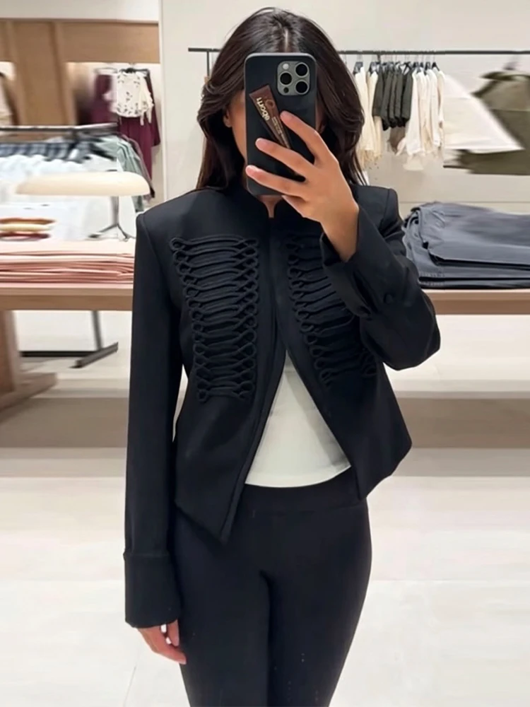 Fashion Solid Napoleon Short Jacket For Women 2026 Spring New Stand Collar Cropped Coats Fashion Long Sleeve Street Cool Tops