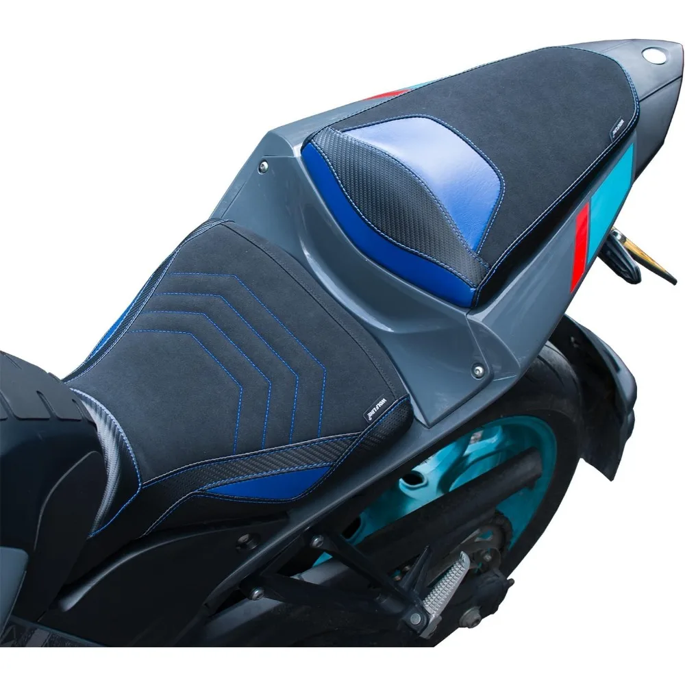 Motorcycle Leather Front Rider Saddle Solo Rear Passenger Seat Cushion Pillion Pad Compatible with MT-03 YZF-R3 2015-2024, Blue