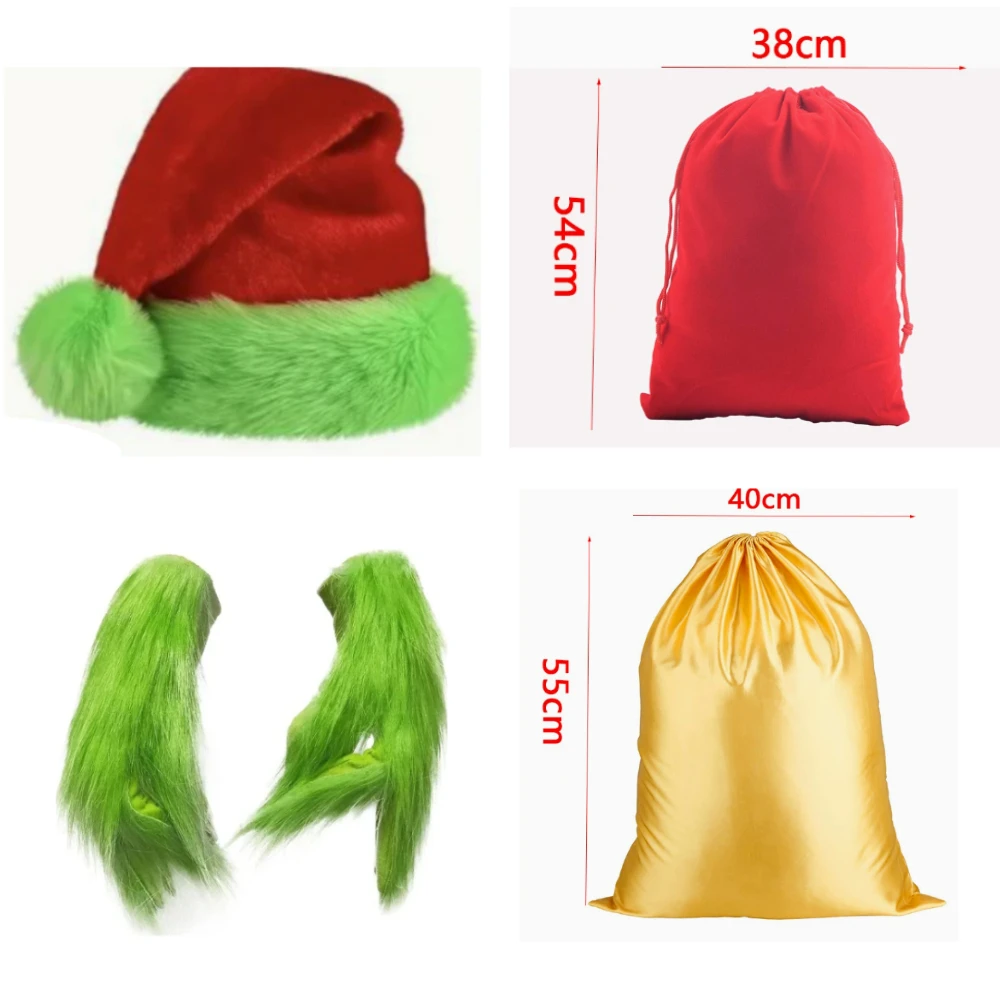 

3pcs Christmas Hat Santa Hat with Green Fur Gloves for Women or Men Devil Xmas Green Monster Animal Devil Costume Party Supplies
