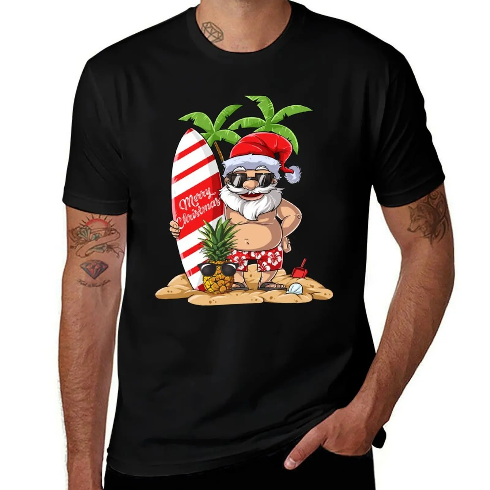 

Santa Hawaiian Surfing T Shirt Christmas Summer Surf Hawaii T-Shirt funny t shirts man t shirts for man graphic vintage T-Shirt