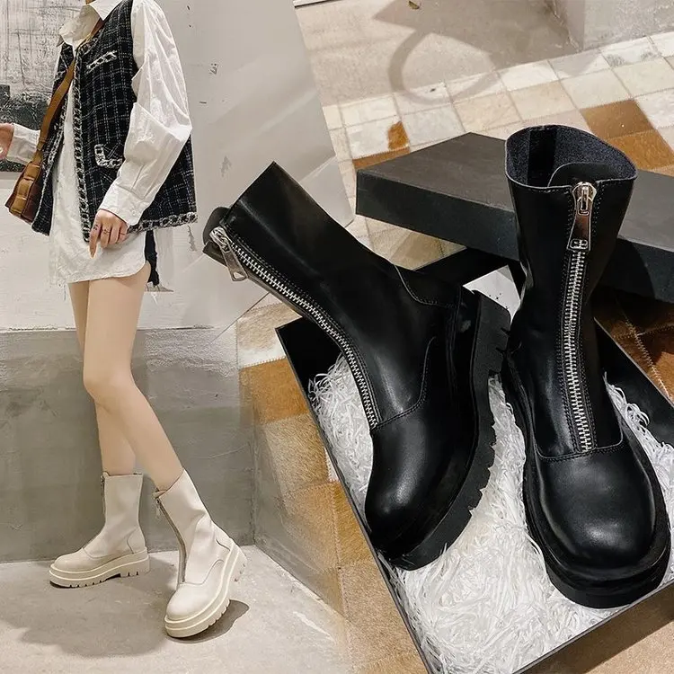 New Front Zipper Chunky Platform Women\'s Boots Solid Black Beige Boots Women Round Toe High Heel Ankle Boots for Womenhu87