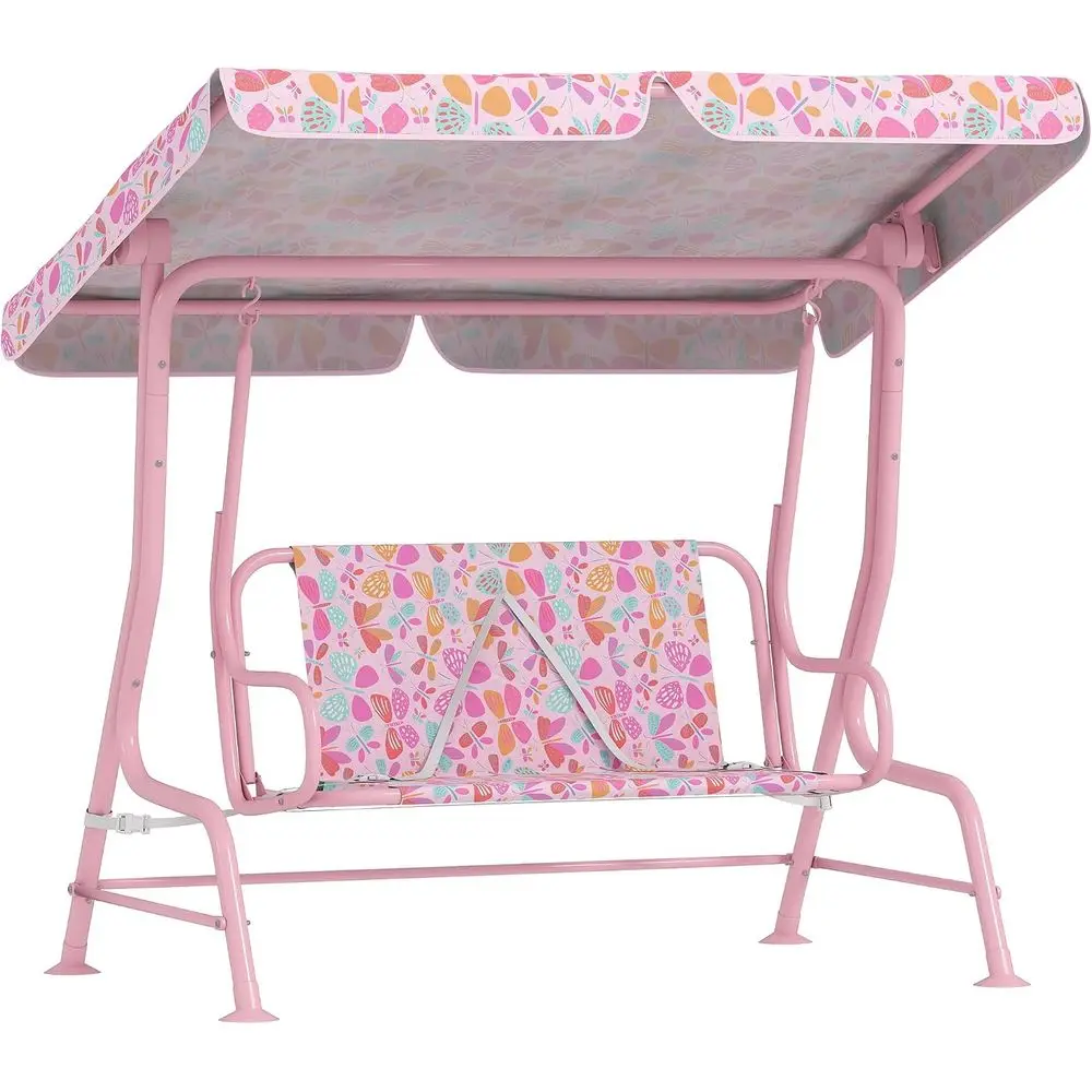 Kids Patio Swing 2-Seater w/Adjustable Pink | Outdoor Porch Swing Chair, Saety Belt, Hanging Bench, or Garden, Backyard