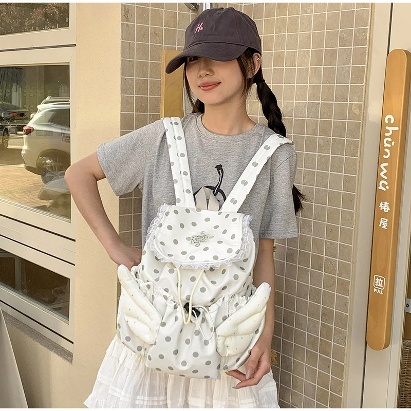 Angel Wings Polka Dot Studenten-Rucksack mit Kordelzug, koreanische süße süße Schultasche aus Nylon, leichte, lässige, geräumige Reisetasche – Detail 9
