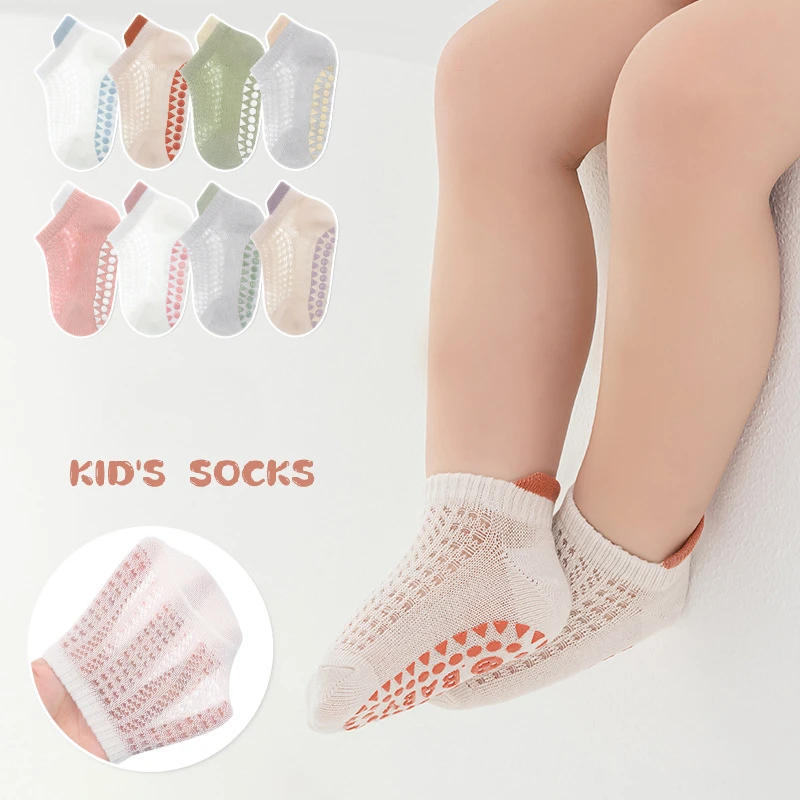 Summer Thin Cotton Anti Slip Baby Trampoline Socks Baby and Toddler Floor Socks 4 Pairs of Smiling Face Glue Mesh Boat Socks