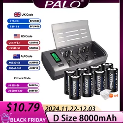 PALO D size LR20 Rechargeable Batteries 1.2V 8000mAh NI-MH NIMH D Cell battery for Gas Stove Cooker Oven Flashlight Water Heater