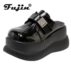 Fujin 11cm Slippers Patent  Leather Platform Wedge Sneakers Pumps Summer Women ROME Hidden Heels Sandals Ladies Fashion Shoes