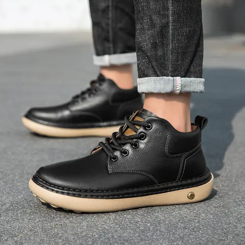 Fashion Leather Men Ankle Boots Outdoor Winter Ankle Boots Lace Up British Style High Top Motorcycle Boots Luxury Men Work Shoes