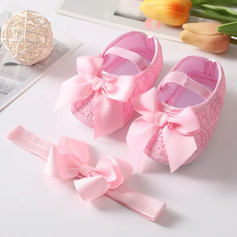 

Newborn Infant Baby Girl Shoes +Headband Set First Walkers Soft Sole Bowknot Princess Cute Shoe Toddler Walking 0-18M Prewalkers