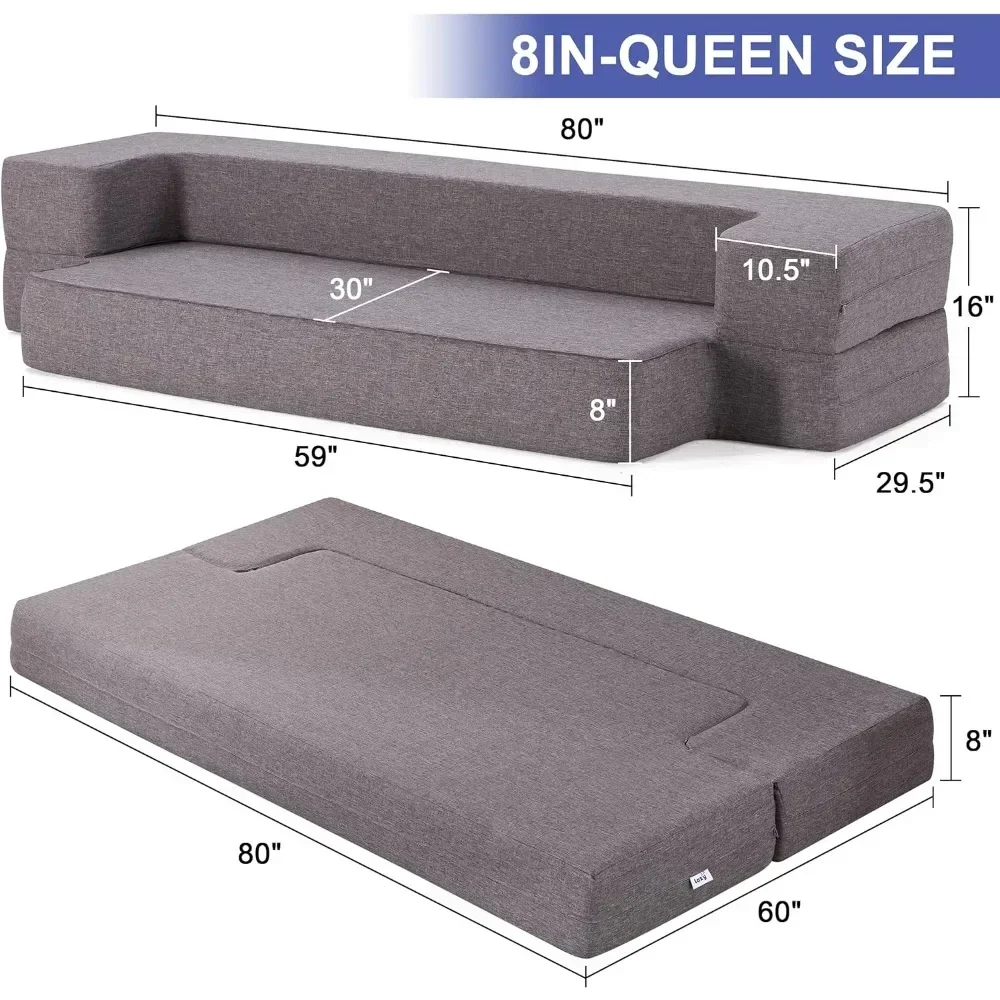 Floor Sofa Bed, Fold Out Couch Bed with 2 Pillows & Washable Cover Convertible Sleeper Folding Sofa Bed Mattress  Queen