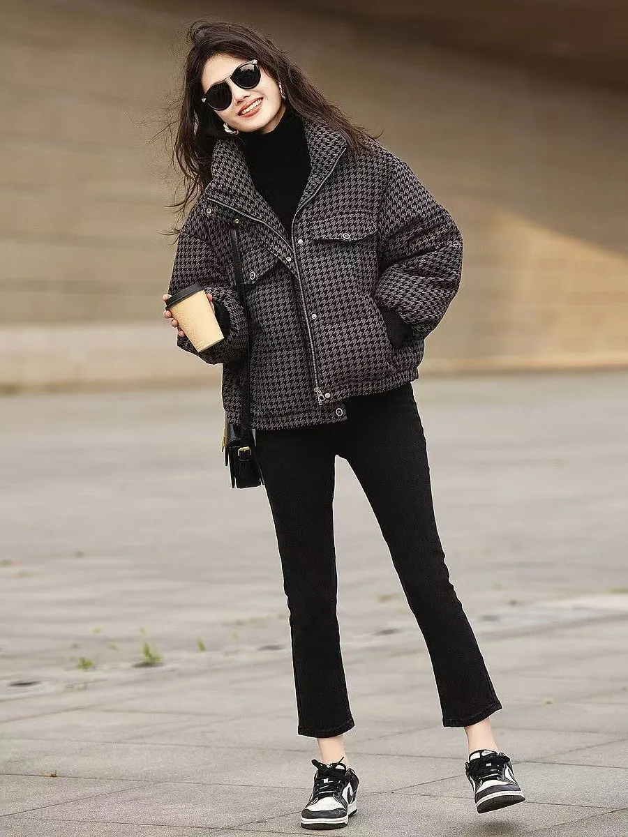 new-winter-cotton-jaet-thin-fit-plaid-ort-thiened-splicing-stand-collar-two-piece-set-faionable-ele-versatile