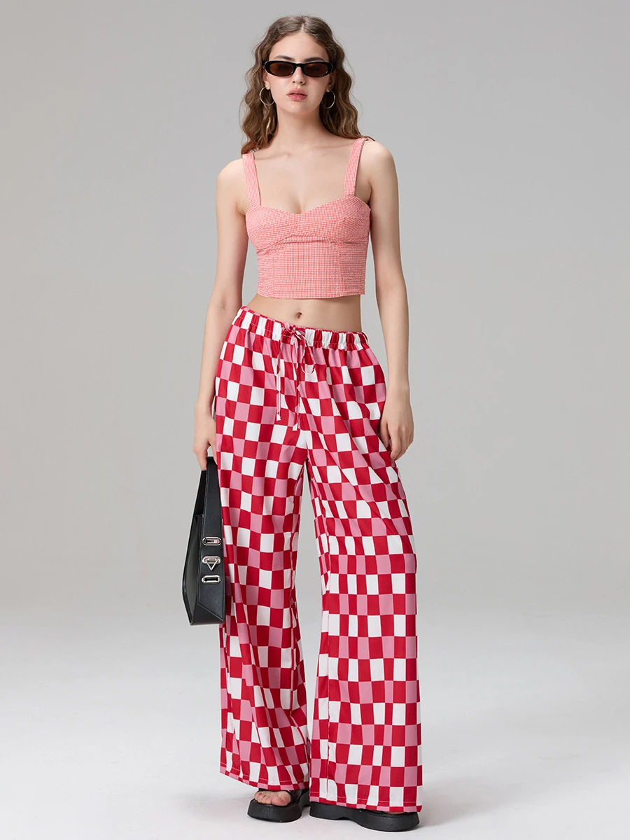 wsevypo Checkerboard Print Loose Wide Leg Pants Casual Elastic Waist Drawstring Long Trousers for Streetwear Aesthetic Clothes