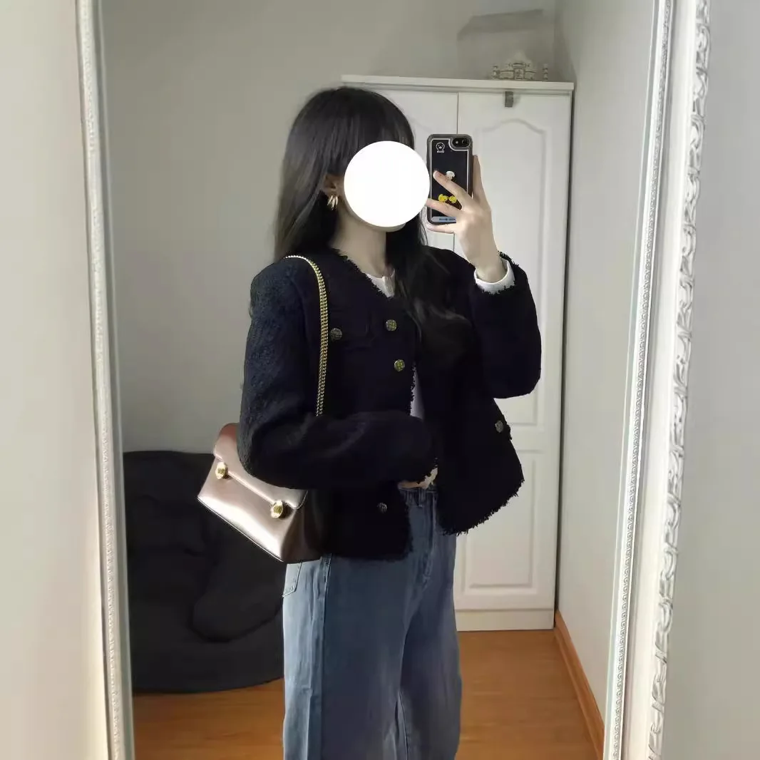 

Твидовый жакет с отложным воротником, короткий рукав, женский, осенне-зимний, из чистого пера, с плоскими пуговицами, на шнуровке, с эффектом складок, гламурный, складной