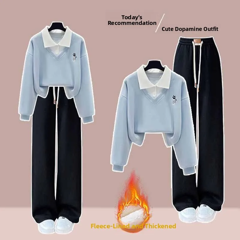 

Thickened Fleece Hoodie Collar Sweatshirt Women's Autumn Winter Casual Wide Leg Pants Warm Two-Piece Set College Style