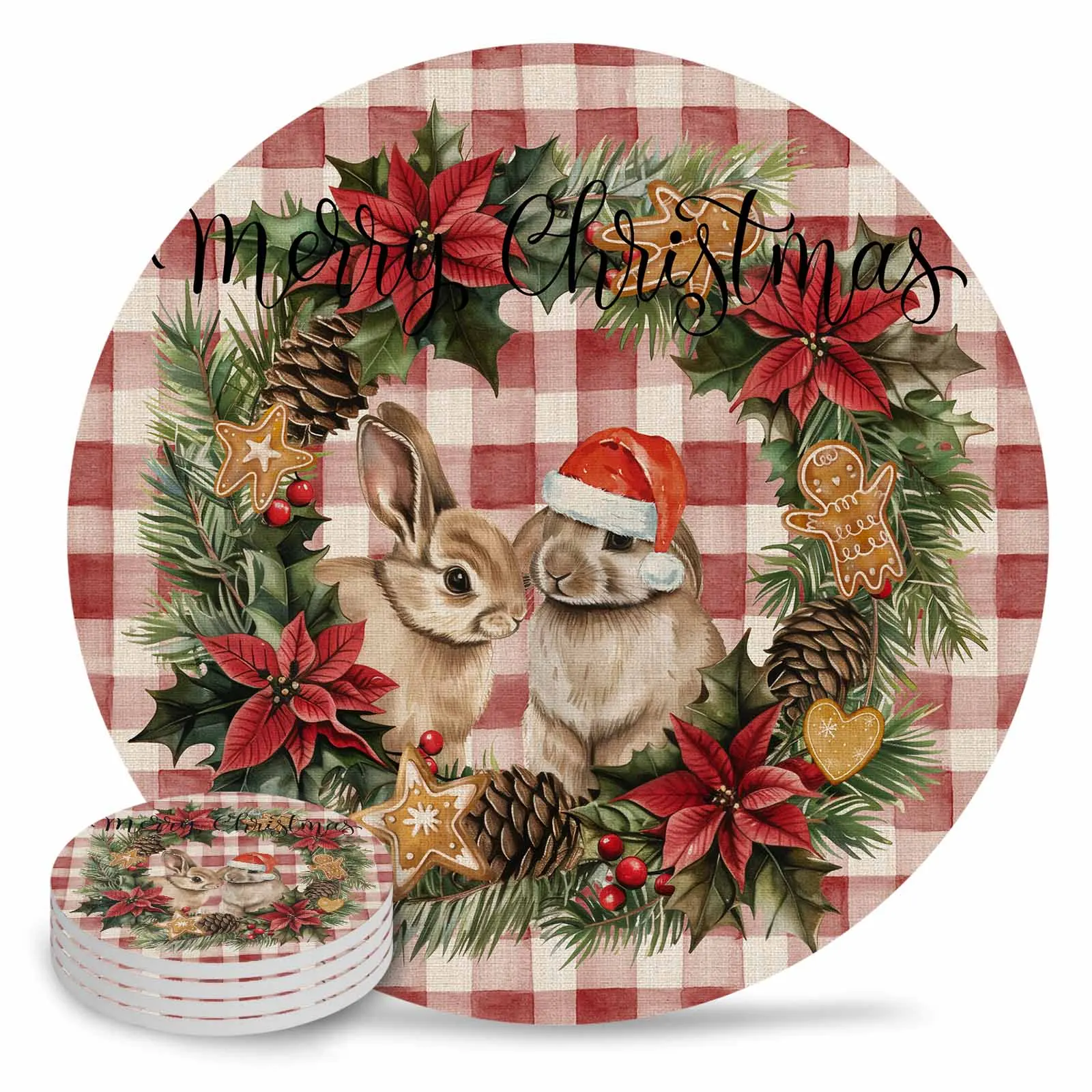 Christmas Wreath Rabbit Christmas Hat Round Coaster Coffee Table Mats Kitchen Accessories Absorbent Ceramic Coasters