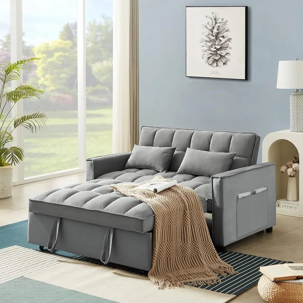 3 in 1 Convertible Sleeper Sofa Bed, Modern Velvet Loveseat Futon Couch w/Pullout Bed, Small Love Seat Lounge Sofa Reclining