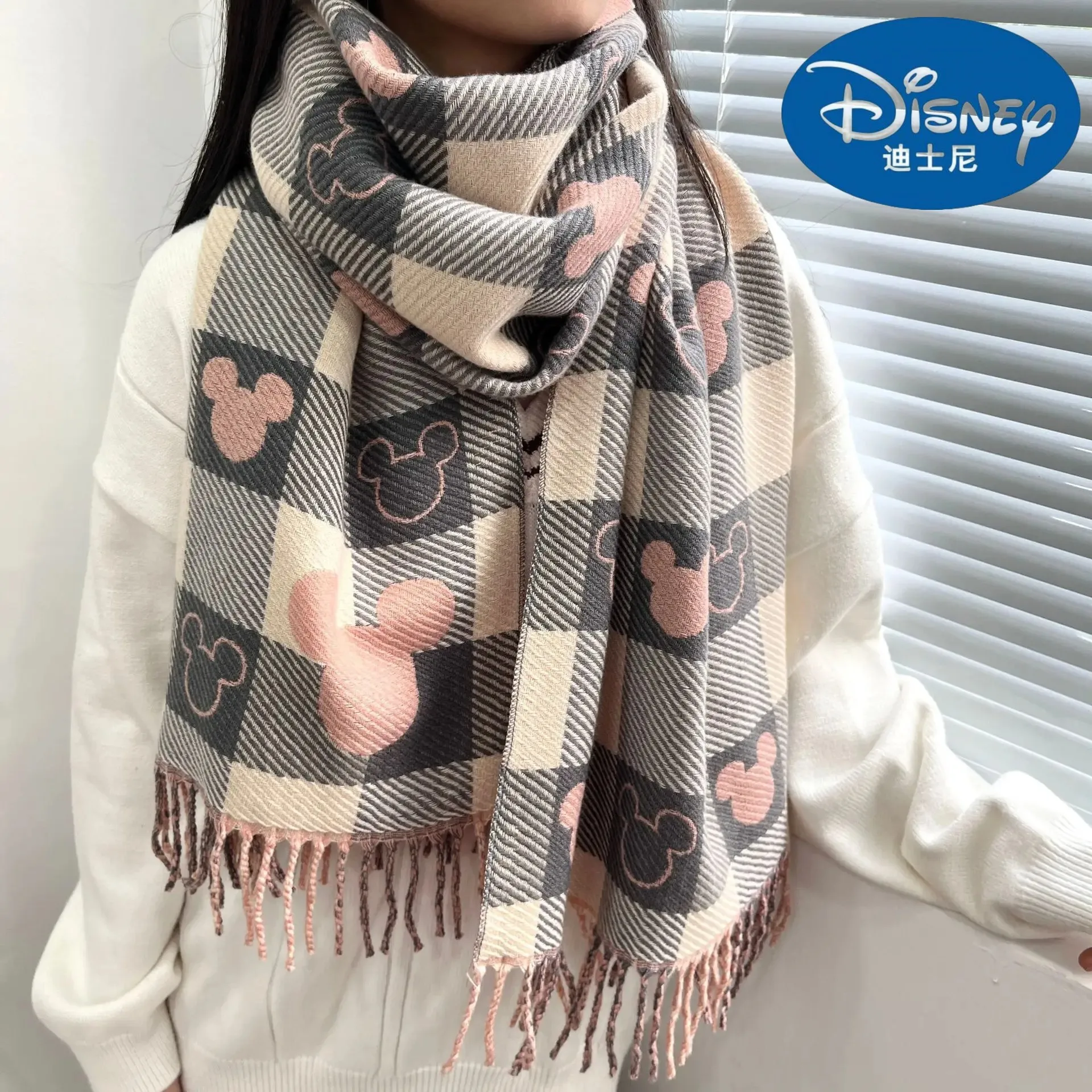 Genuine Disney Winter Mickey Mouse Head Scarf Women Double-sided Shawl Imitation Cashmere Retro Foreign Style Fashion All-match