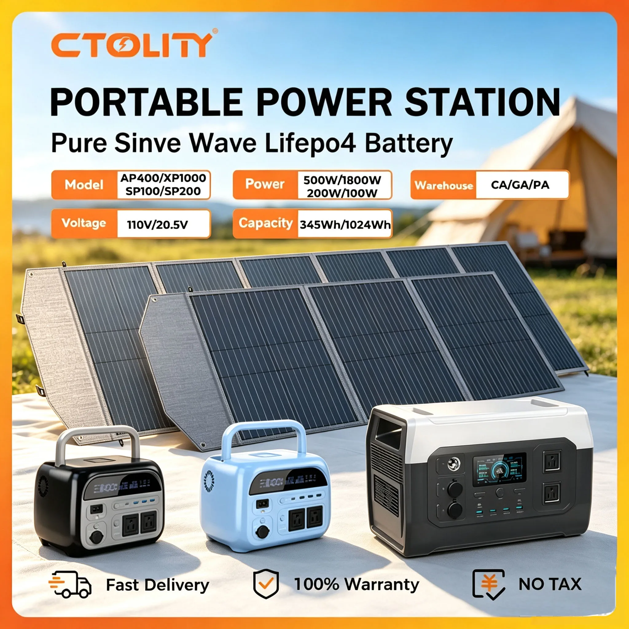 CTOLITY AP400 500W XP1000 1800W Portable Power Station with 110W 220W Solar Panel 20.5V USB TYPE-C, 345.6Wh 1024Wh Lifepo4 Battery Solar Generator AC Outlets Emergency Energy Storage Supply