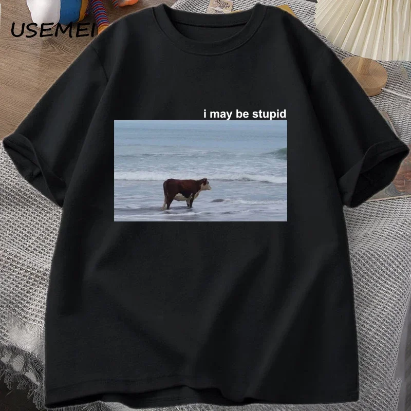 

I May Be Stupid Cow on Beach Funny Meme T Shirt Cotton Short Sleeve Men's Fashion O-Neck T-shirt Casual Cozy Cotton T Shirts
